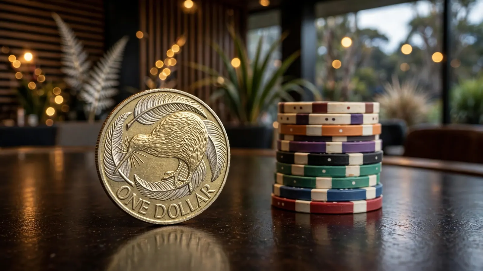 Single NZ dollar coin beside a stack of casino chips on a table