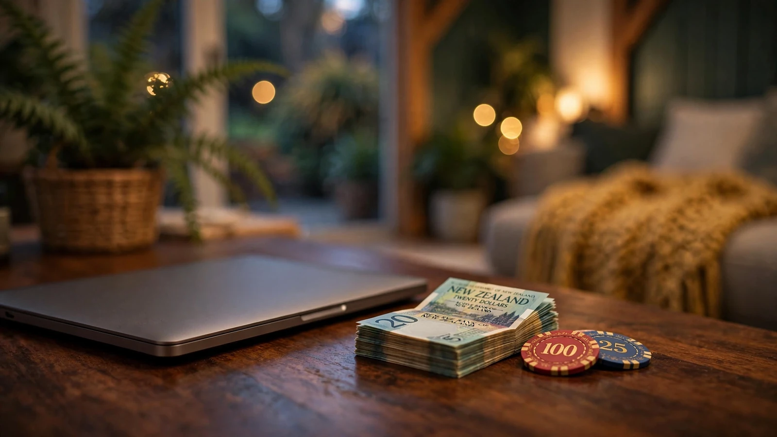 NZ dollar notes and casino chips on a table next to a closed laptop
