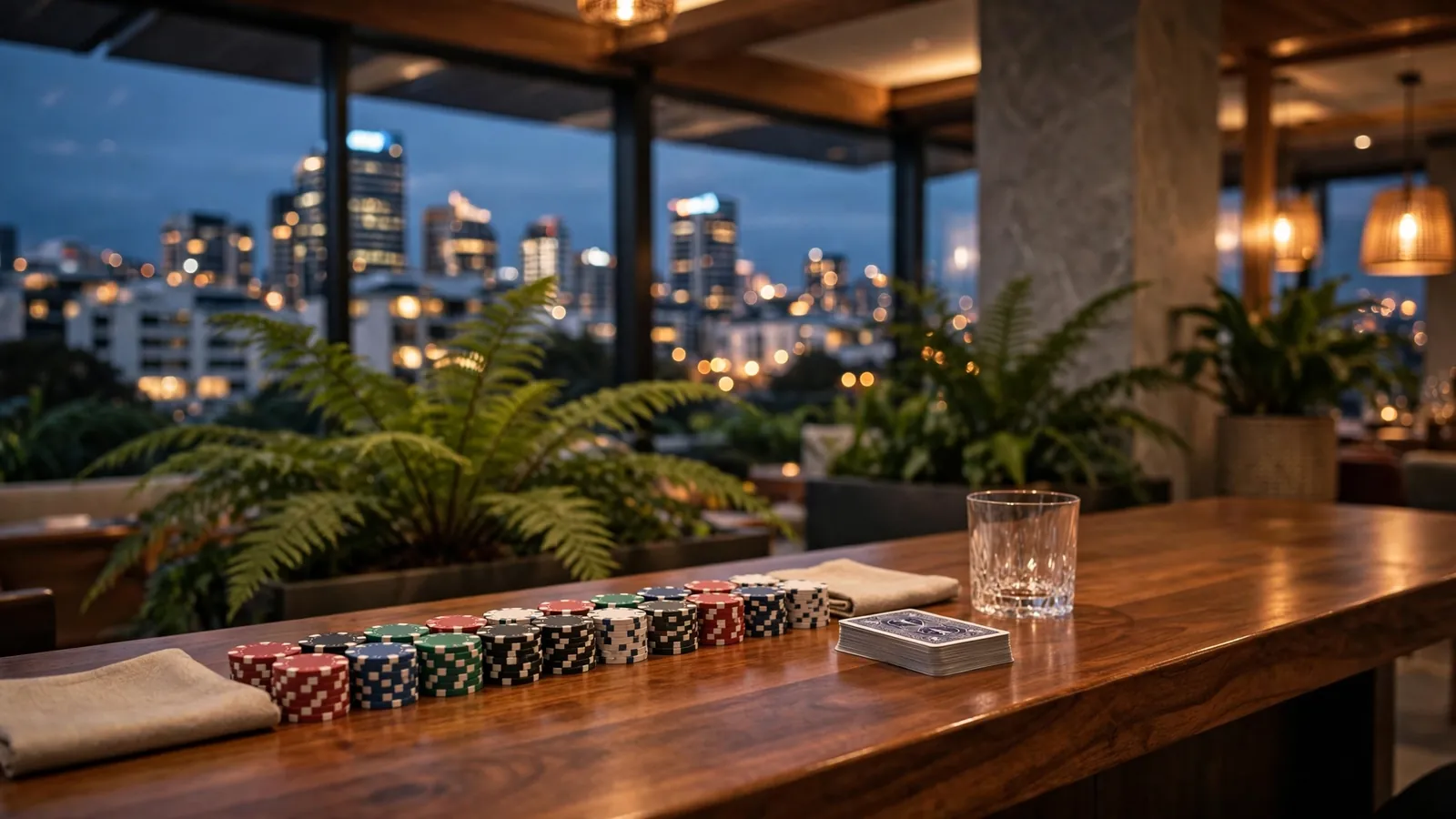 Stylish Auckland lounge bar with casino chips and playing cards on the counter