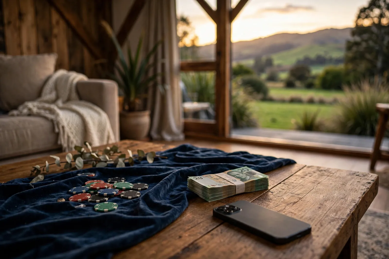 New Zealand living room scene with face-down phone, NZ$20 notes, and casino chips on a coffee table.