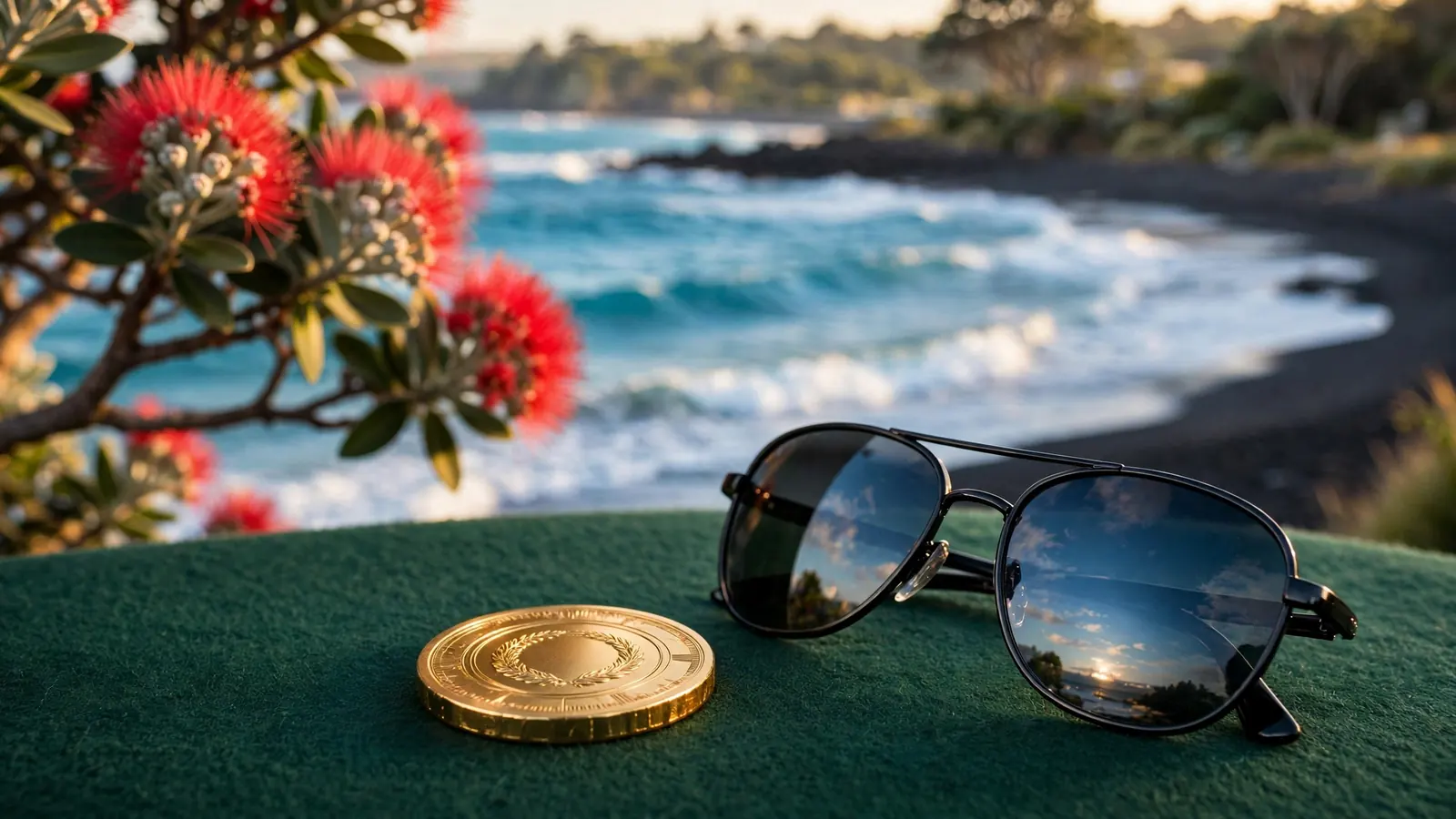 Gold casino chip on green felt with New Zealand coastal background