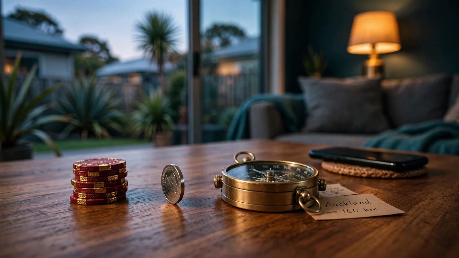 Casino chips, coin and compass on table in a New Zealand home at dusk