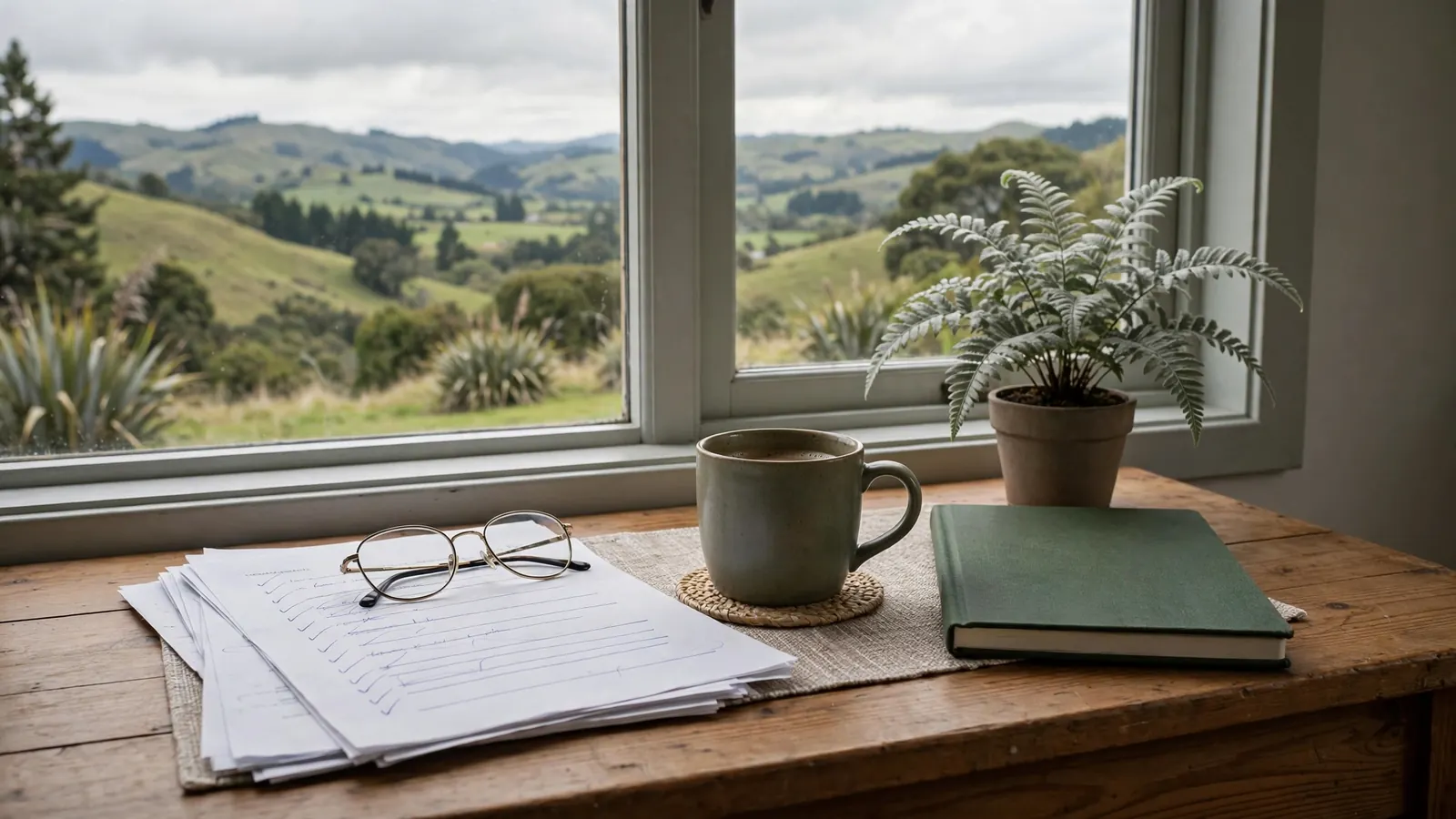 Editor reviewing printed notes at a New Zealand desk with green hills outside.