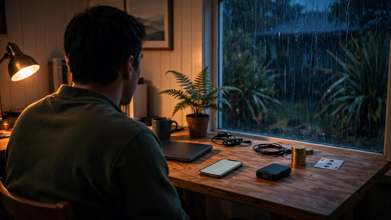 Dim home office scene with crypto wallet and casino chips suggesting private Bitcoin deposit