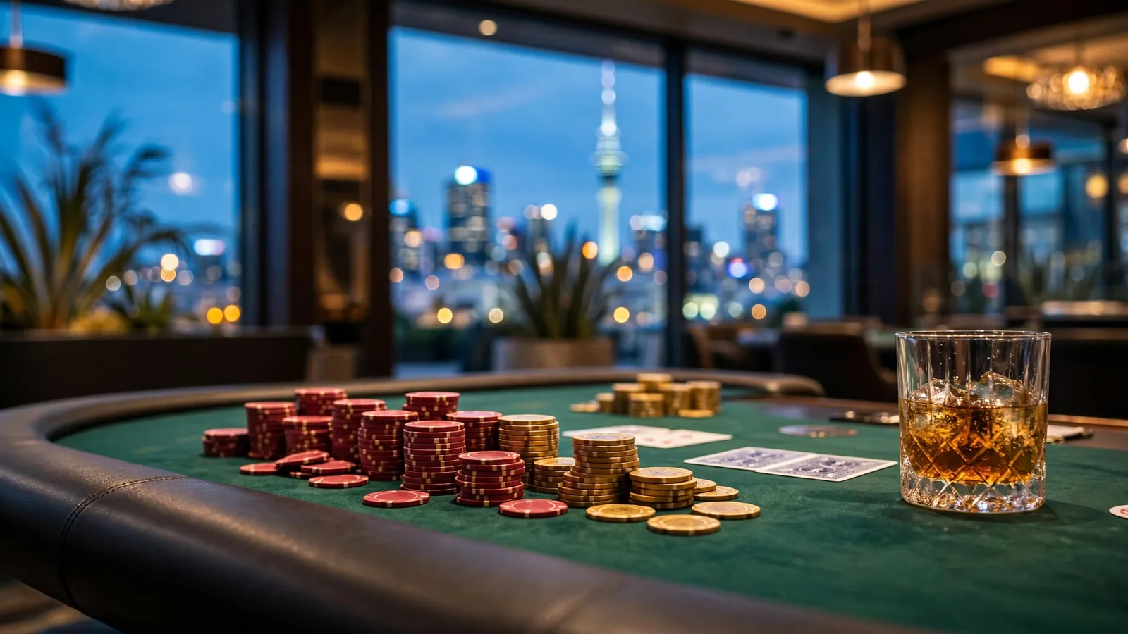 Baccarat casino table with chips and cards in New Zealand at night