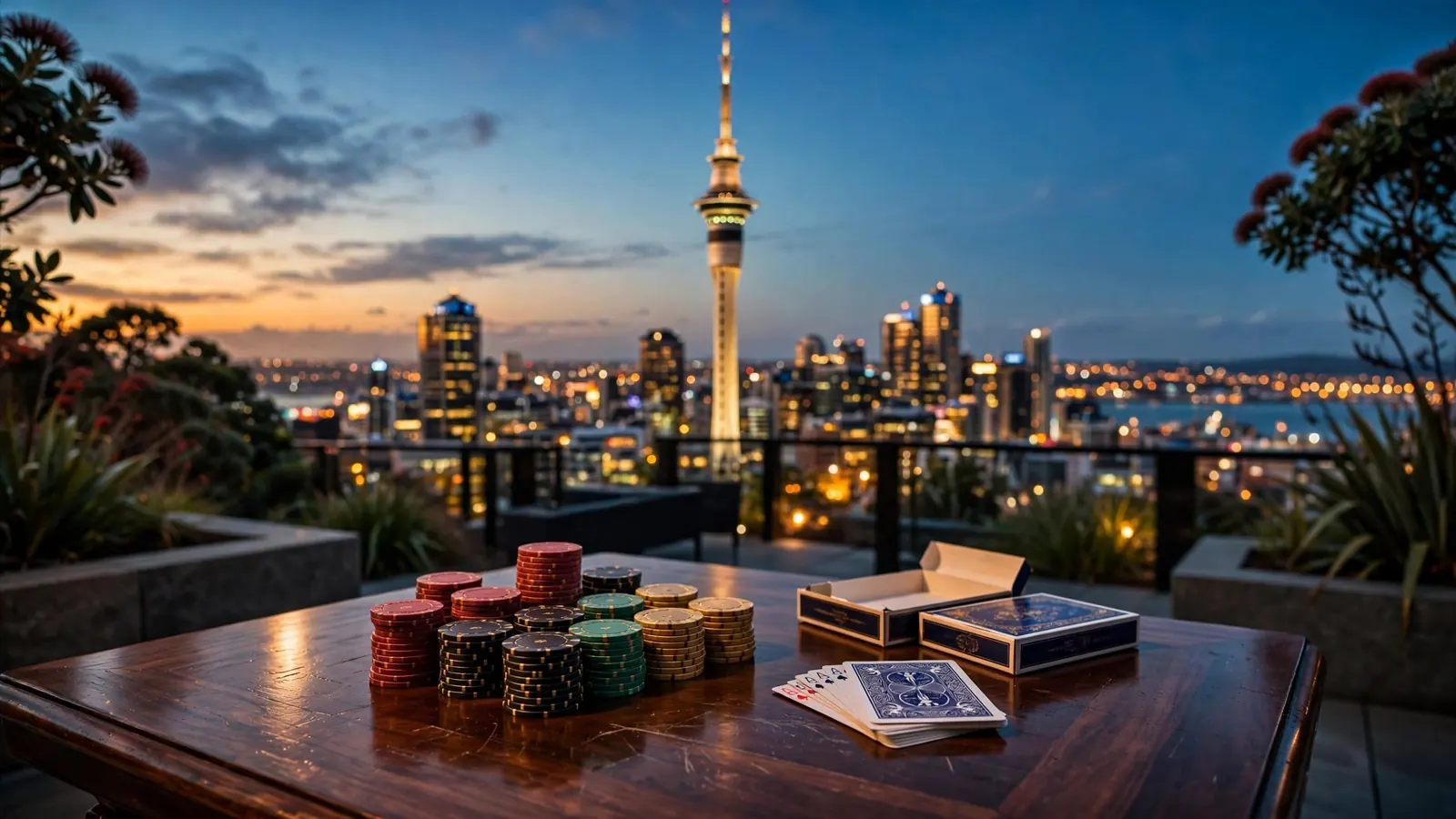 Auckland skyline at dusk with a stylish baccarat table in the foreground
