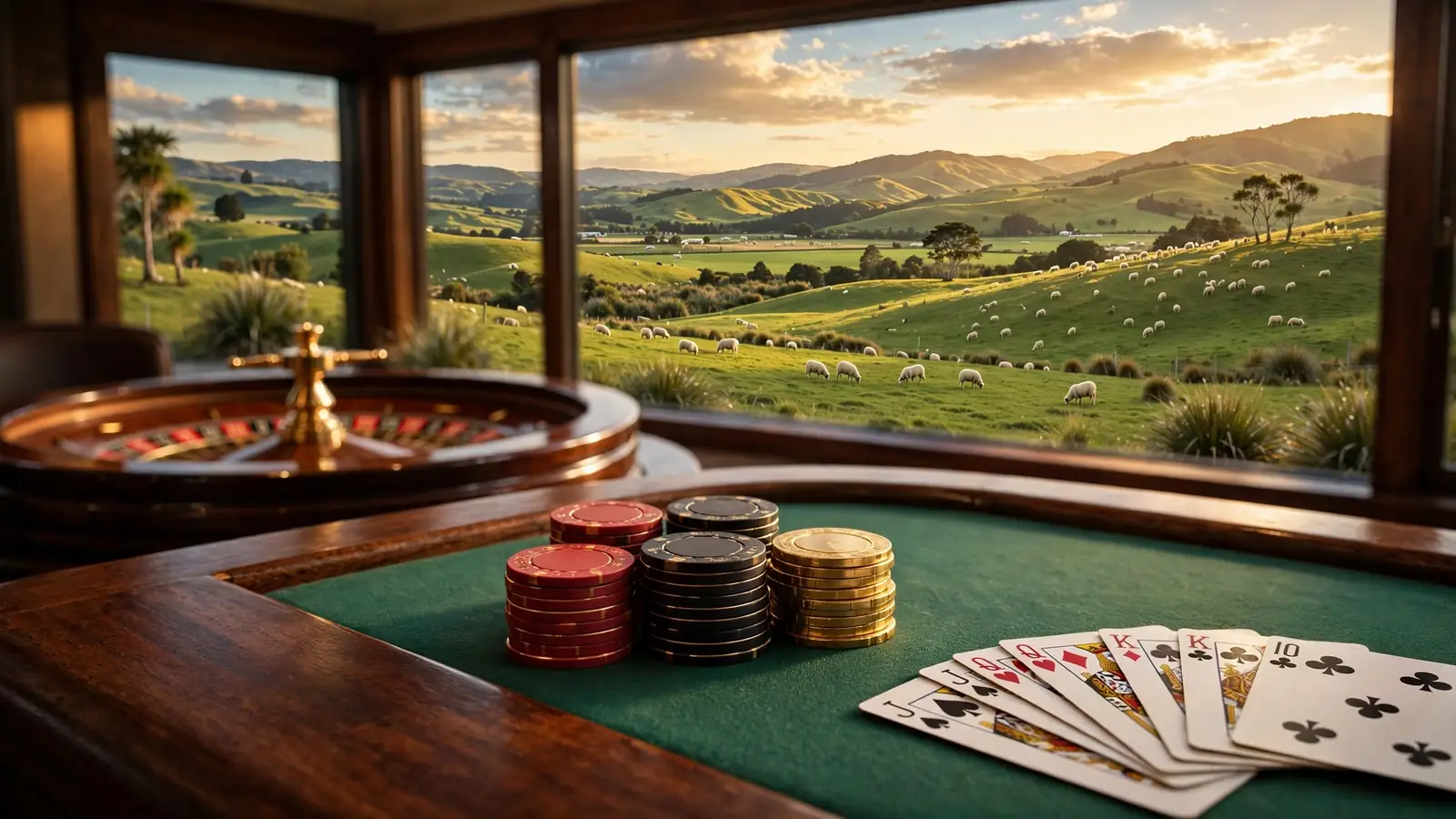 Casino chips, cards and roulette wheel on a table with New Zealand hills through a window.