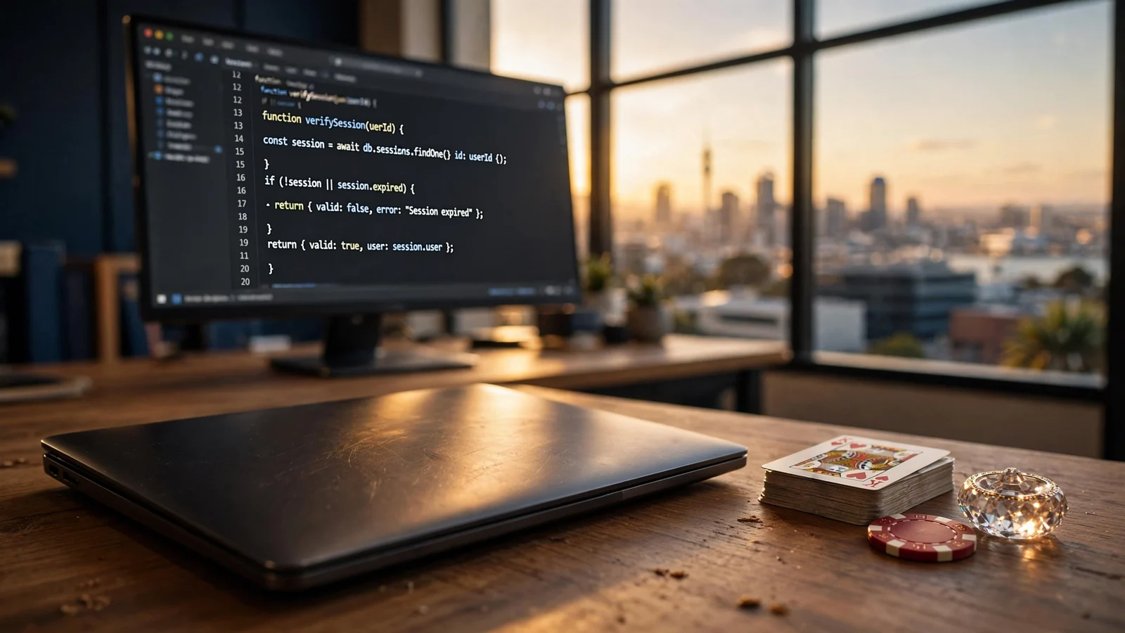 Developer's desk with closed laptop, poker chips, and cards beside a monitor showing code