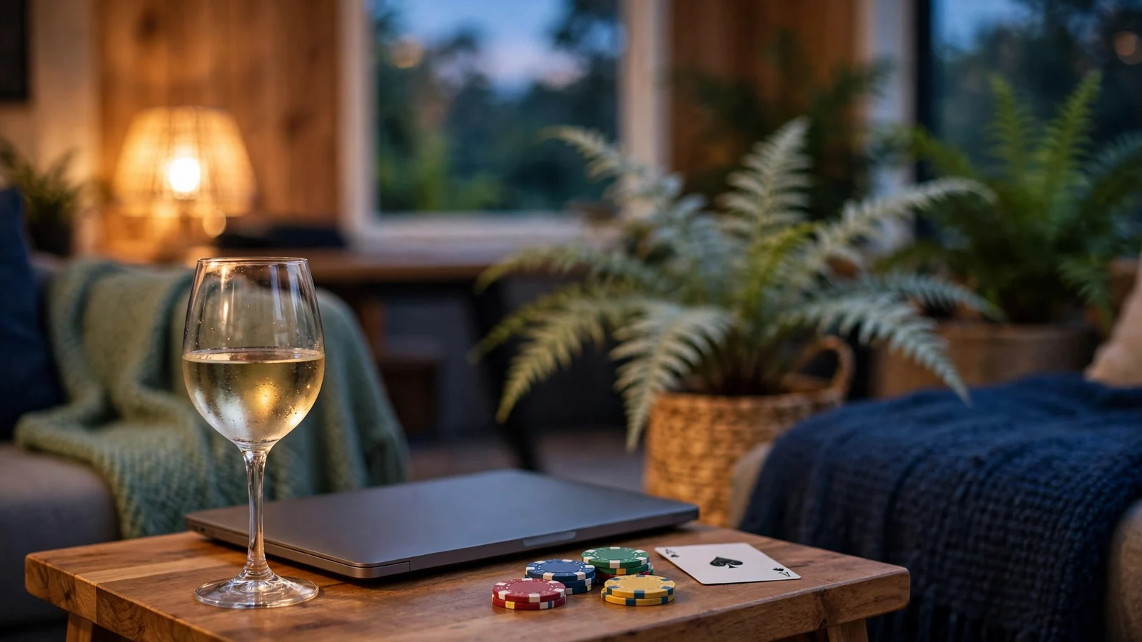 Cozy New Zealand lounge scene with wine, chips, and a closed laptop