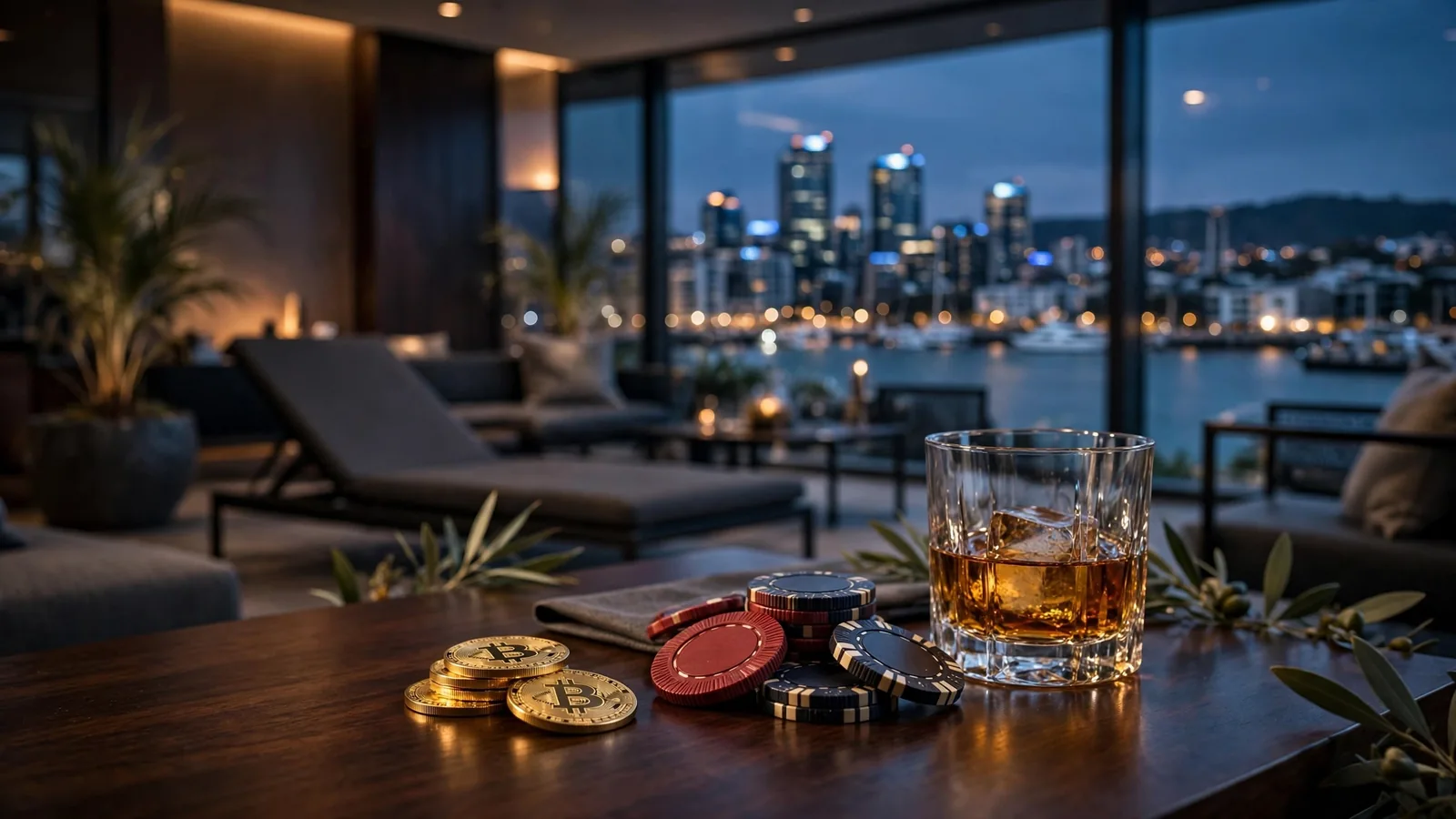 Elegant Auckland lounge with Bitcoin tokens and casino chips on a table overlooking the harbour at dusk.