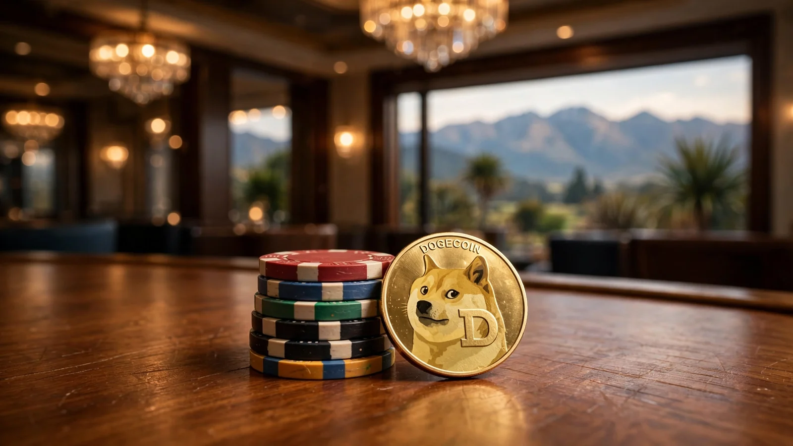 Dogecoin token beside casino chips on wooden table with New Zealand mountains backdrop