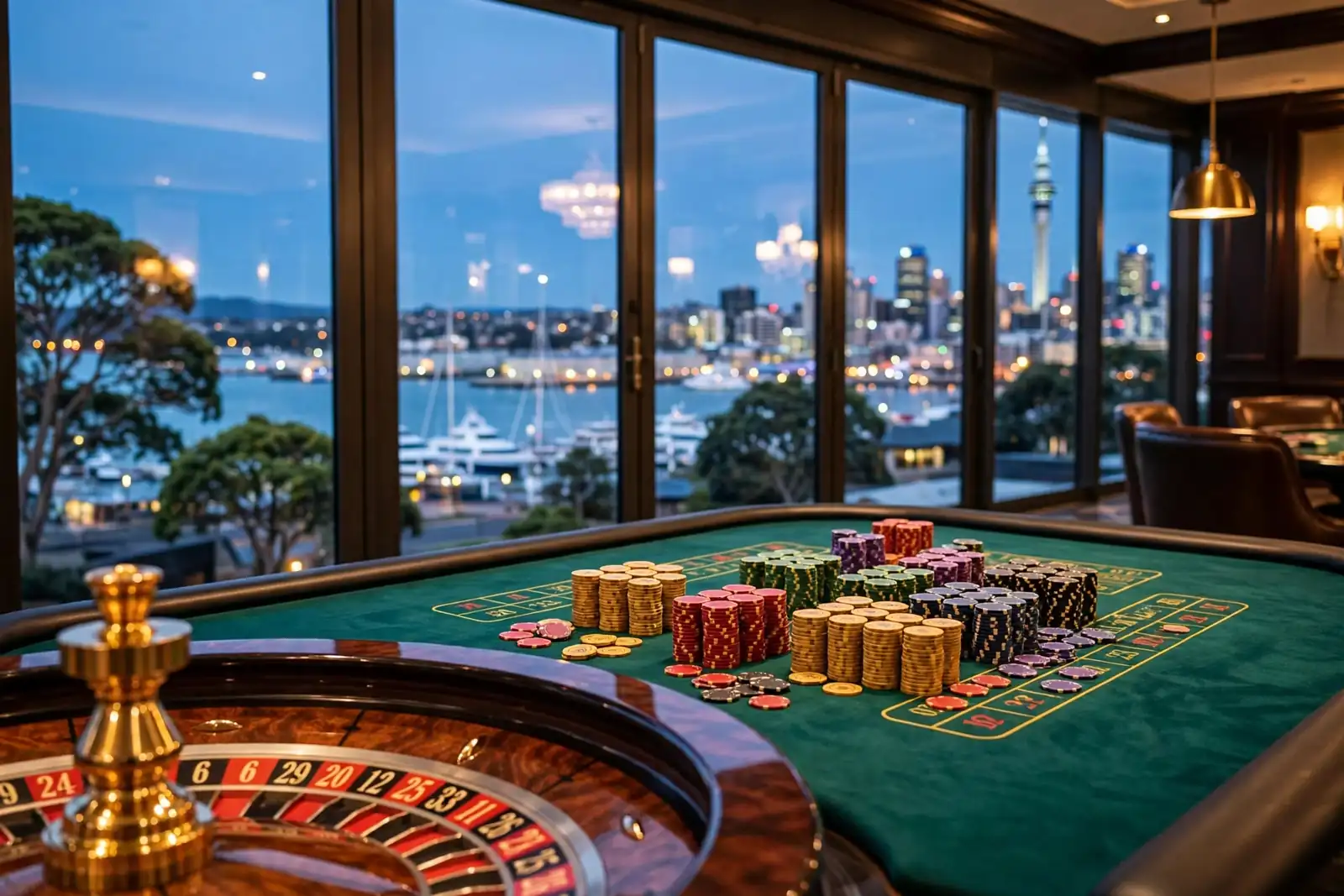Casino gaming table with chips and roulette wheel overlooking Auckland skyline