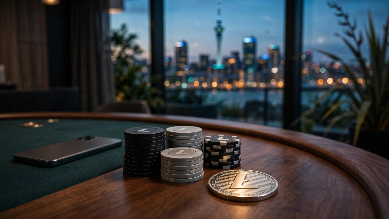 Litecoin chips and coin on a casino table with Auckland skyline at twilight