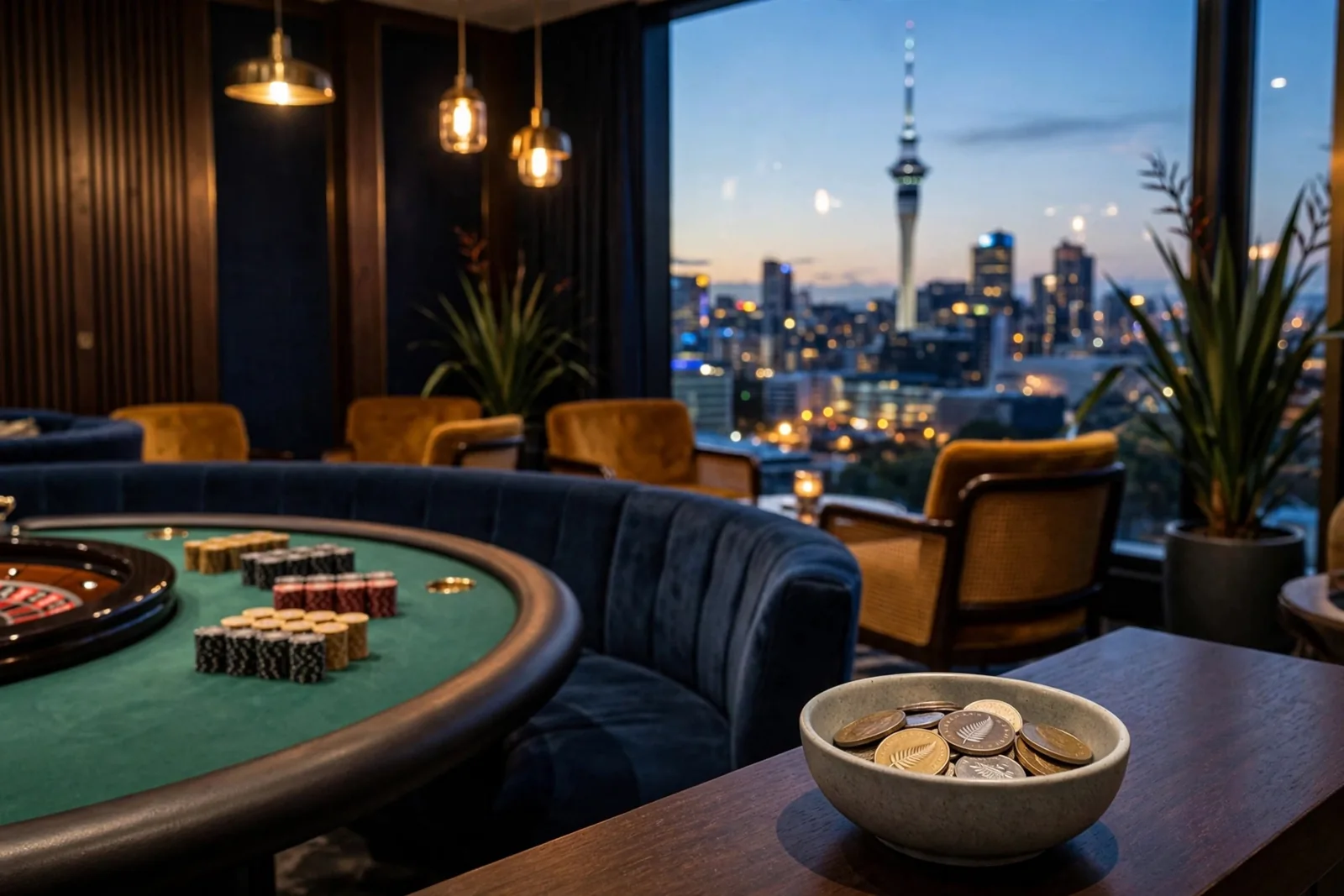 Modern casino lounge with roulette table, chips, and Auckland skyline at twilight.