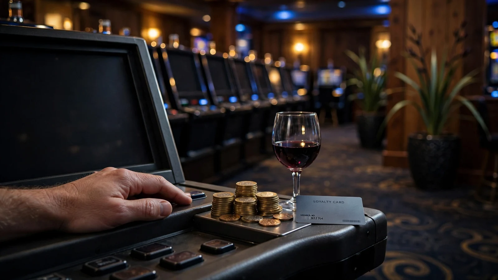 Hand resting on a slot machine in a softly lit New Zealand casino