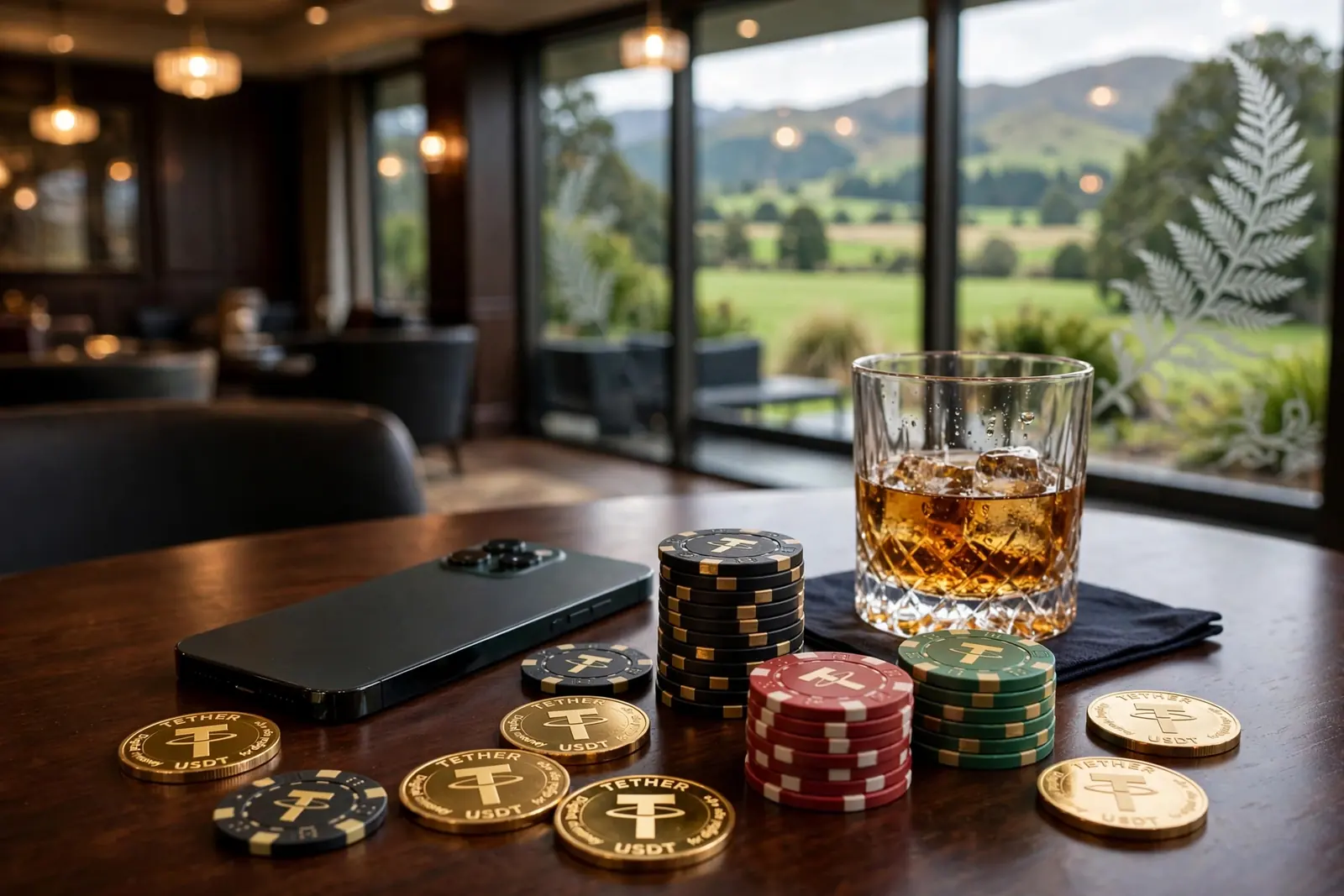 Casino chips and gold USDT tokens on a table with a New Zealand landscape in the background