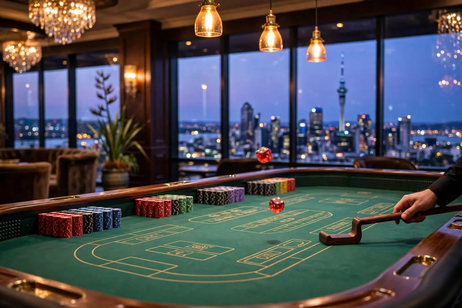 Craps table with rolling dice in a New Zealand casino at twilight