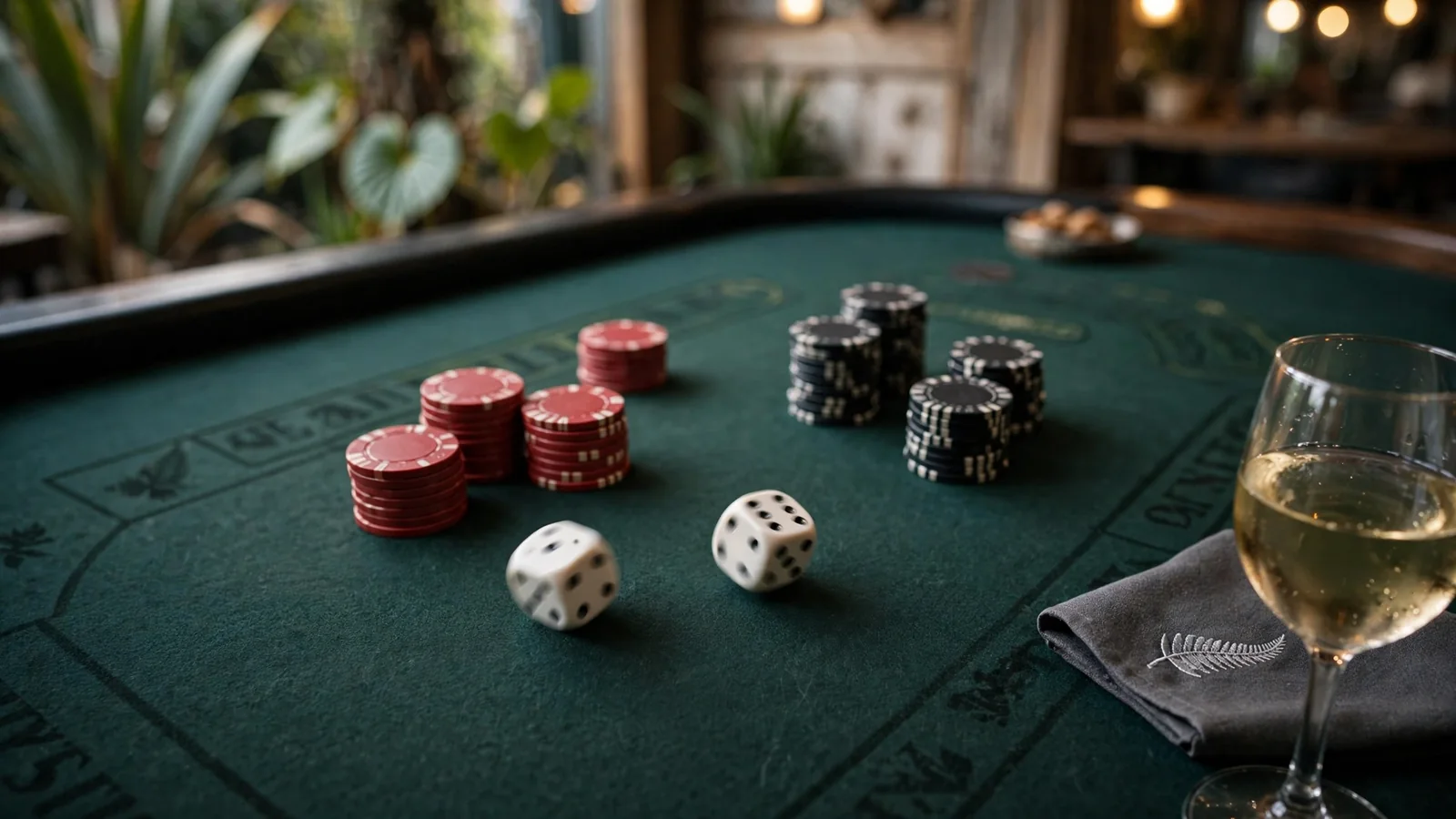 Dice and casino chips on a craps table with New Zealand touches