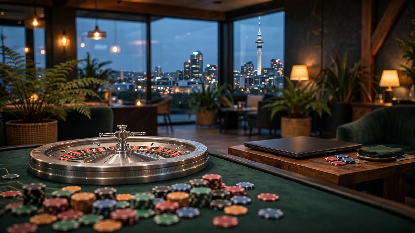 Roulette wheel with chips on a table, Auckland skyline at dusk behind.