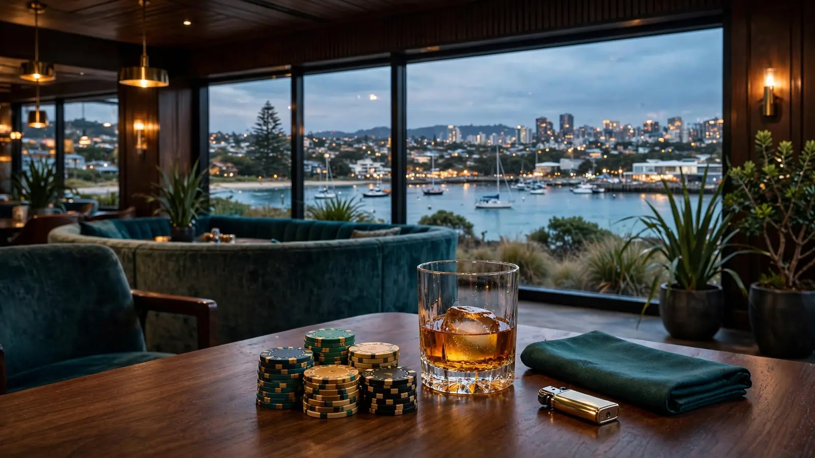 New Zealand casino lounge with chips, whisky, and Auckland harbor view at dusk