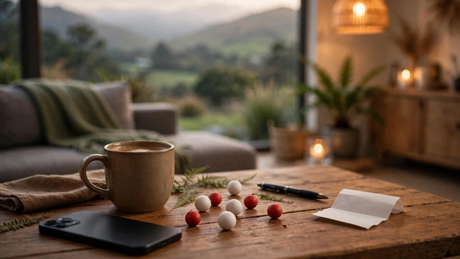 Keno balls and a ticket slip beside a face-down smartphone in a New Zealand home