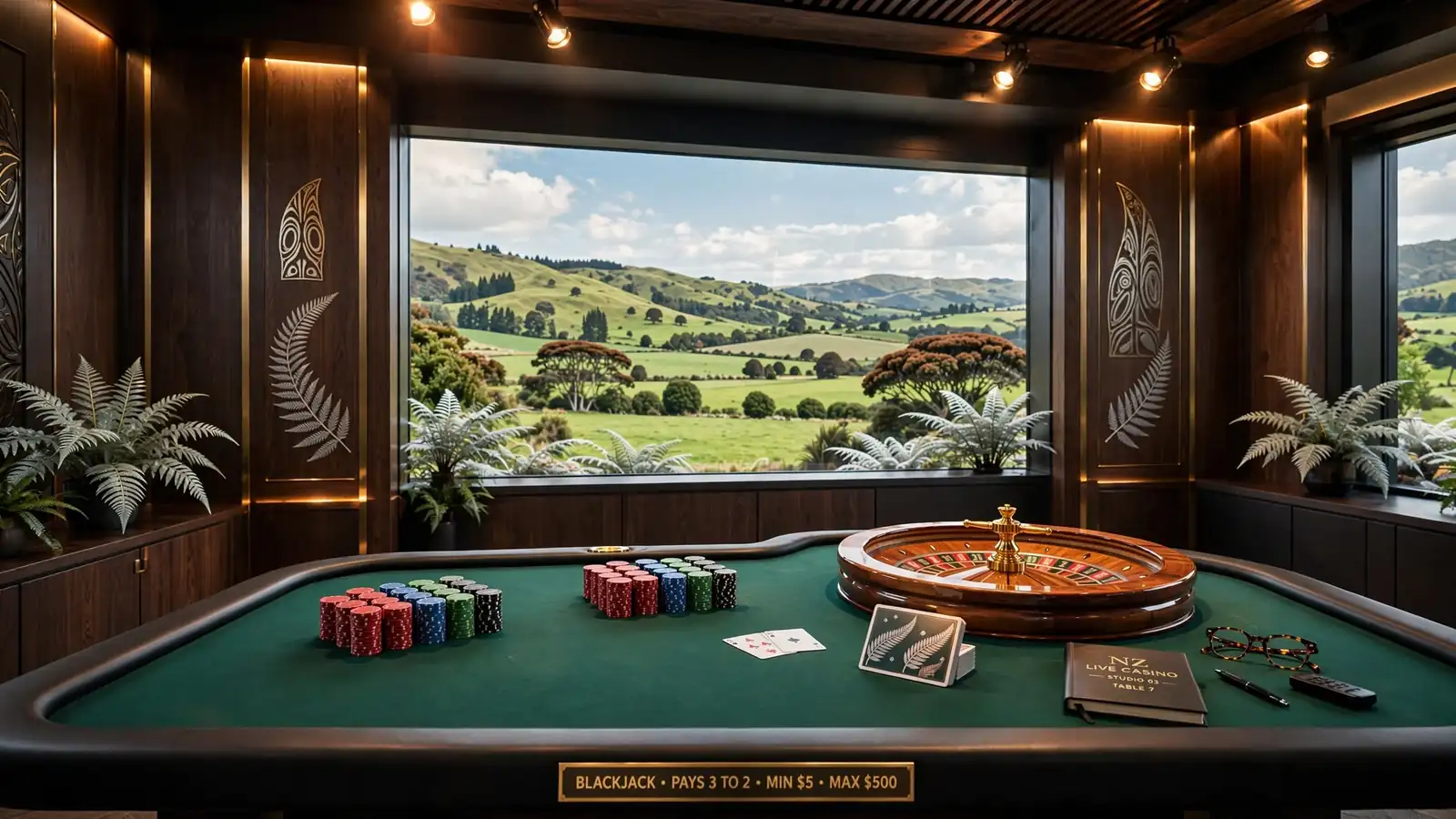 Premium live dealer casino studio table with chips, roulette wheel, and New Zealand landscape view