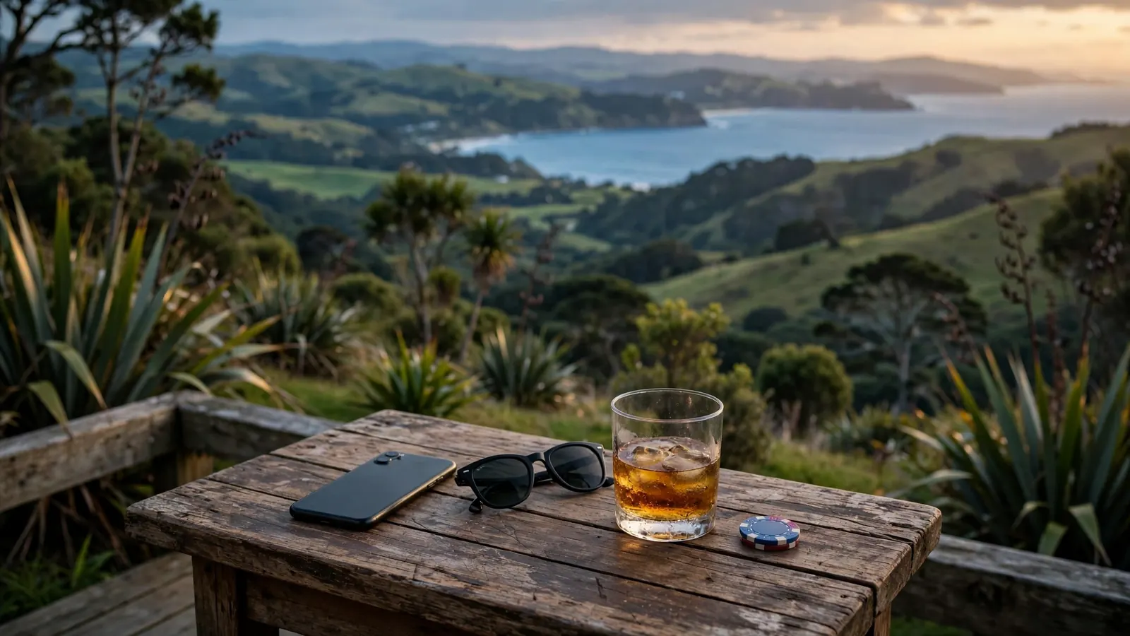 Smartphone on a New Zealand coastal deck table with casino chip and whiskey glass at dusk