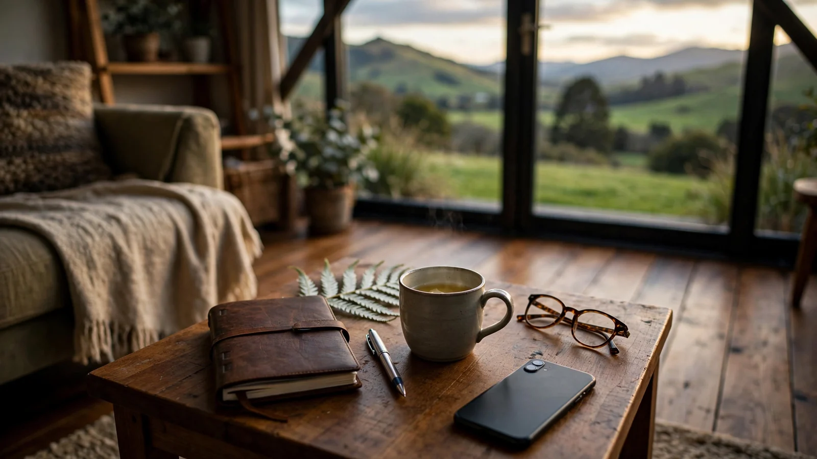 Cozy New Zealand room with notebook, tea, and fern at dusk