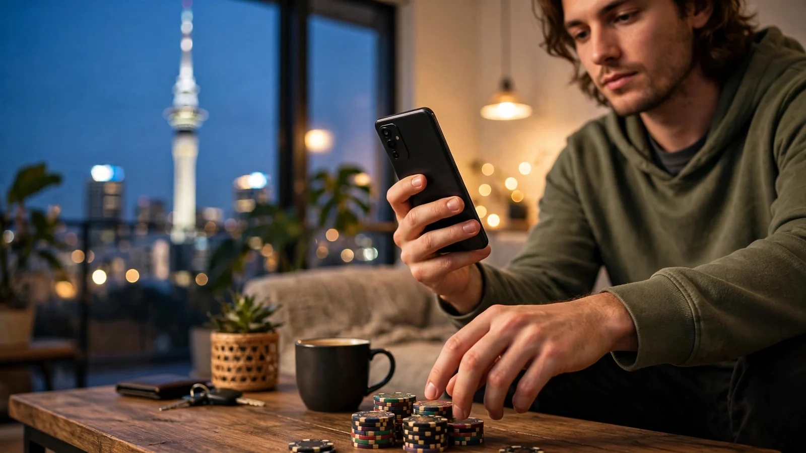 Person holding an Android phone near casino chips with Auckland skyline at dusk.