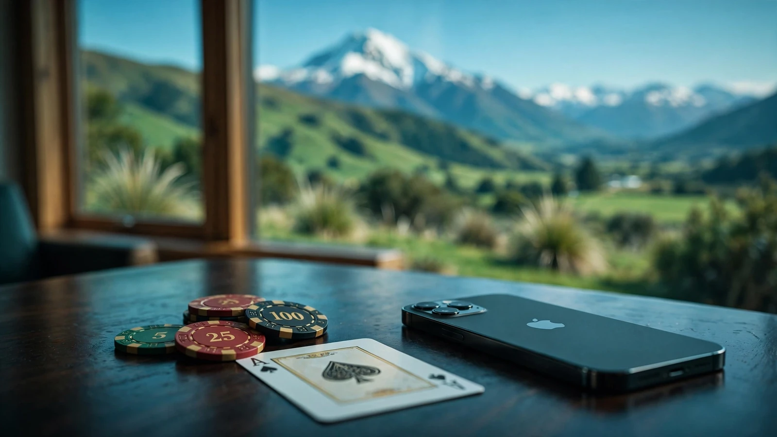 Casino chips and an iPhone face-down on a table with New Zealand mountains in the background, suggesting Apple Pay casino payments.