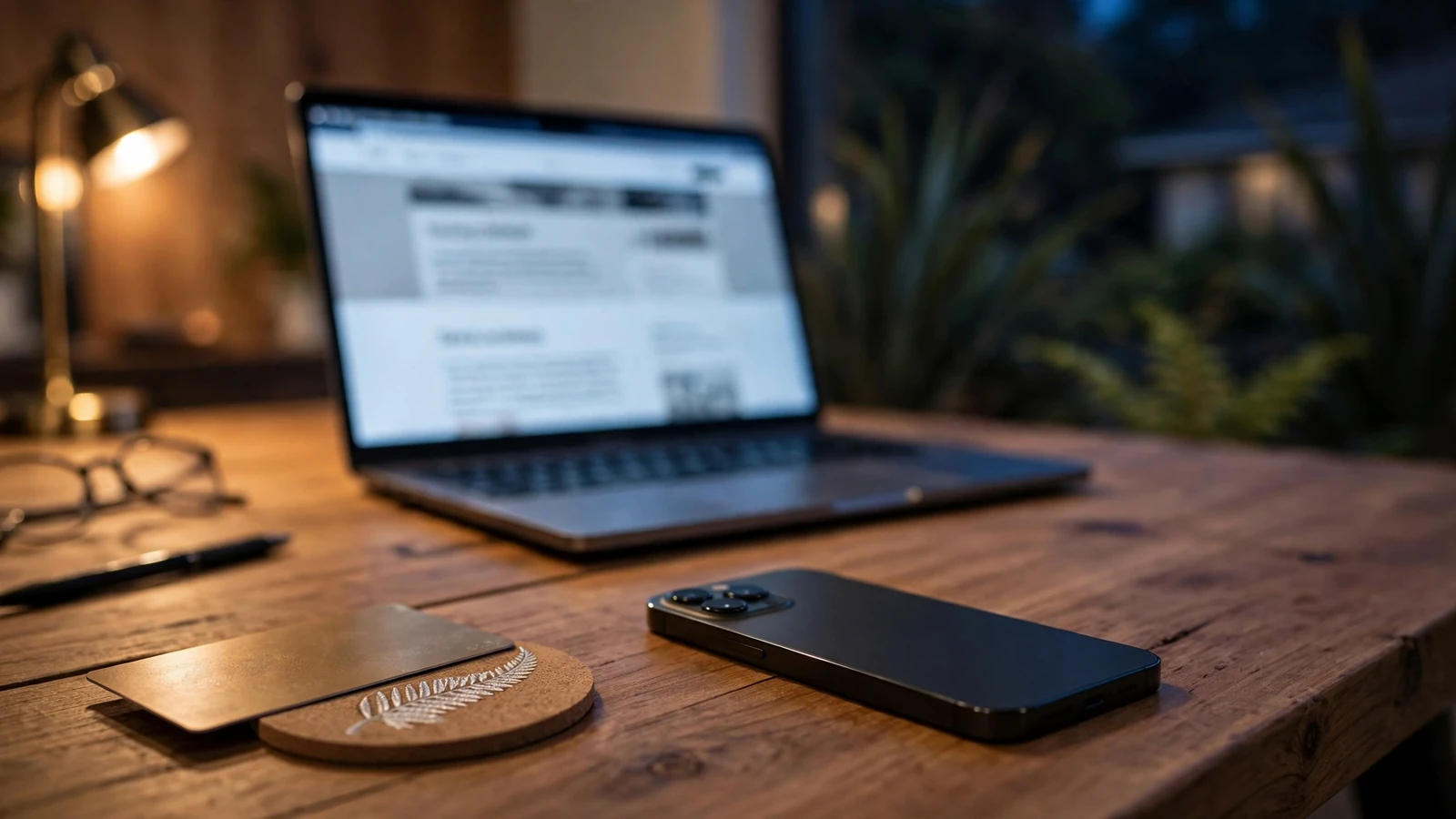 Smartphone and prepaid card on a desk in a New Zealand home setting at night