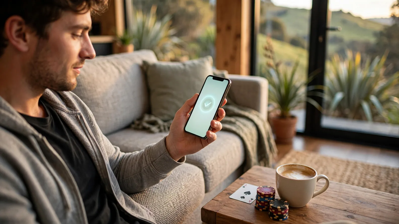 New Zealand adult making a mobile payment at home with casino chips on table