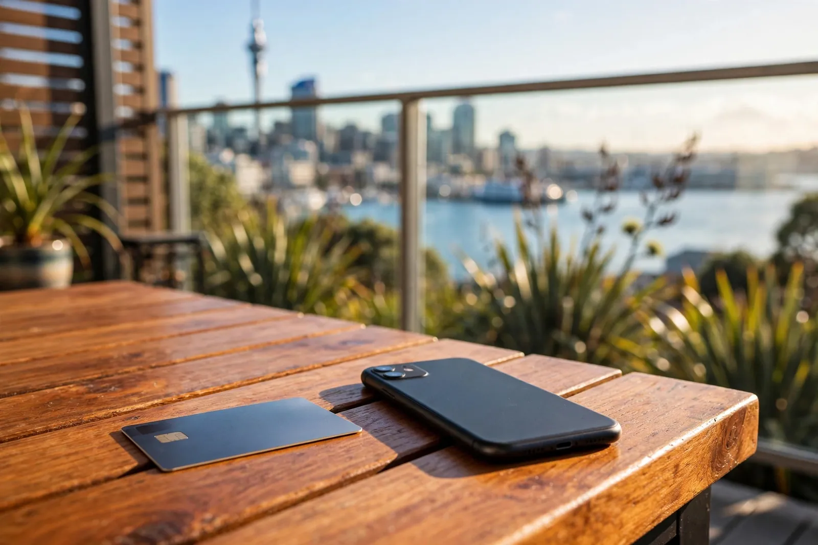 Credit card and face-down phone on a table with Auckland skyline in the background