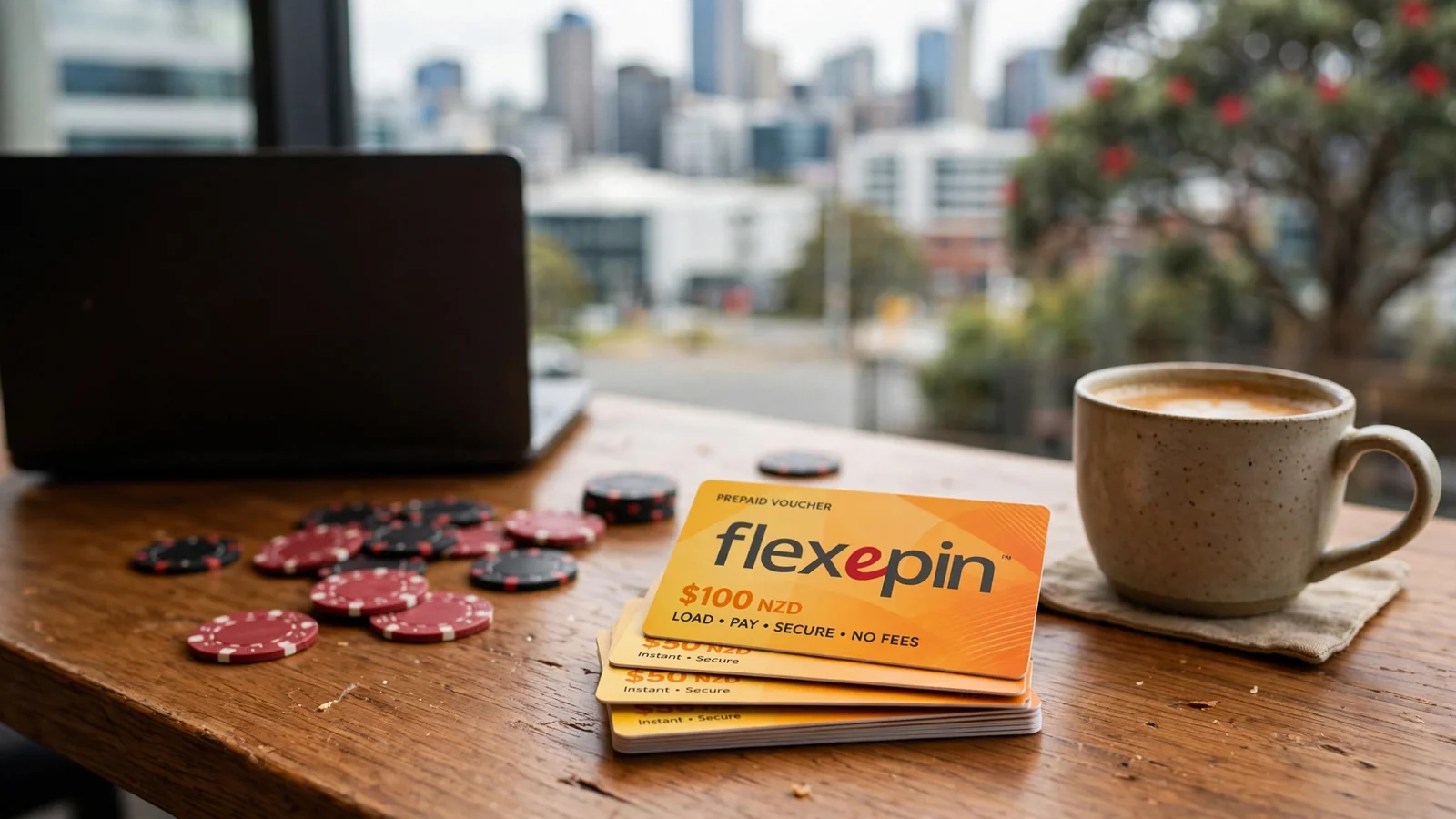 Casino chips and Flexepin voucher cards on a wooden table with a closed laptop in New Zealand.