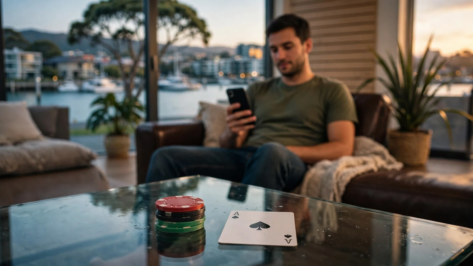 Person holding smartphone in modern NZ apartment with casino chips on table