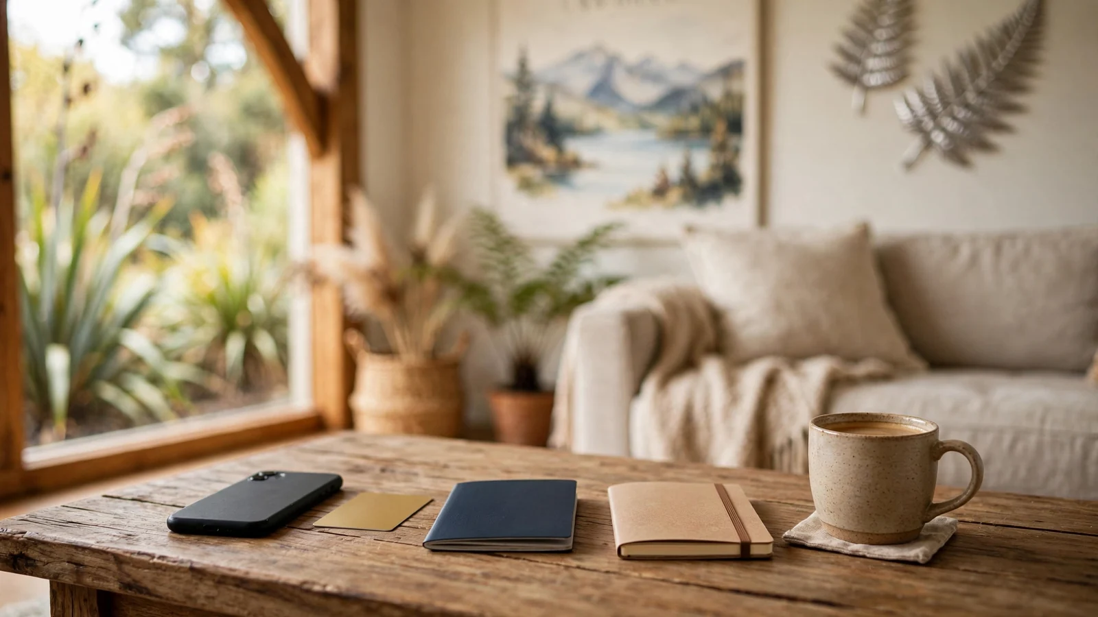 Smartphone face-down on a coffee table with card and notebook, suggesting careful online payment research.