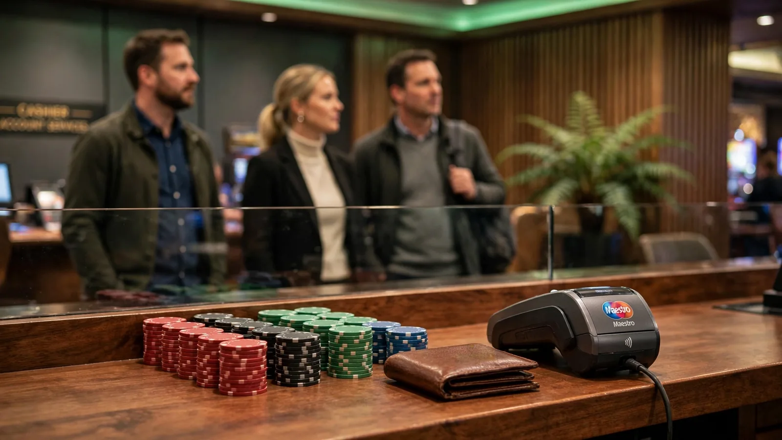 Casino cashier counter with Maestro payment terminal in New Zealand venue