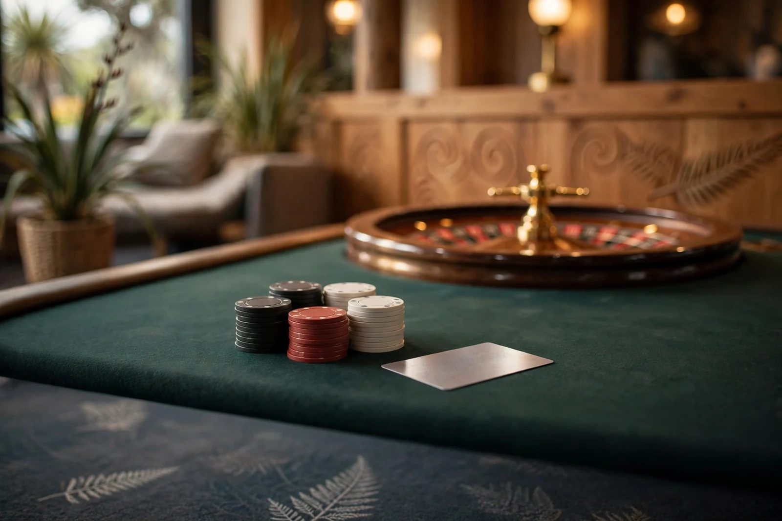 Casino table with poker chips, roulette wheel, and a platinum Mastercard in a New Zealand lounge