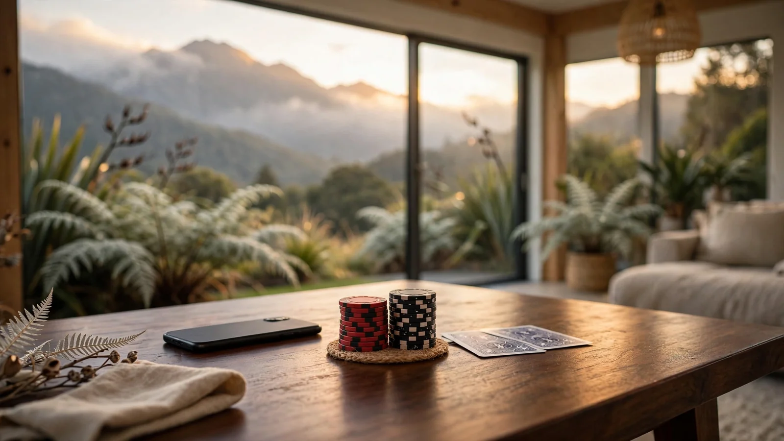 Smartphone with casino chips and cards on table, New Zealand mountains behind window