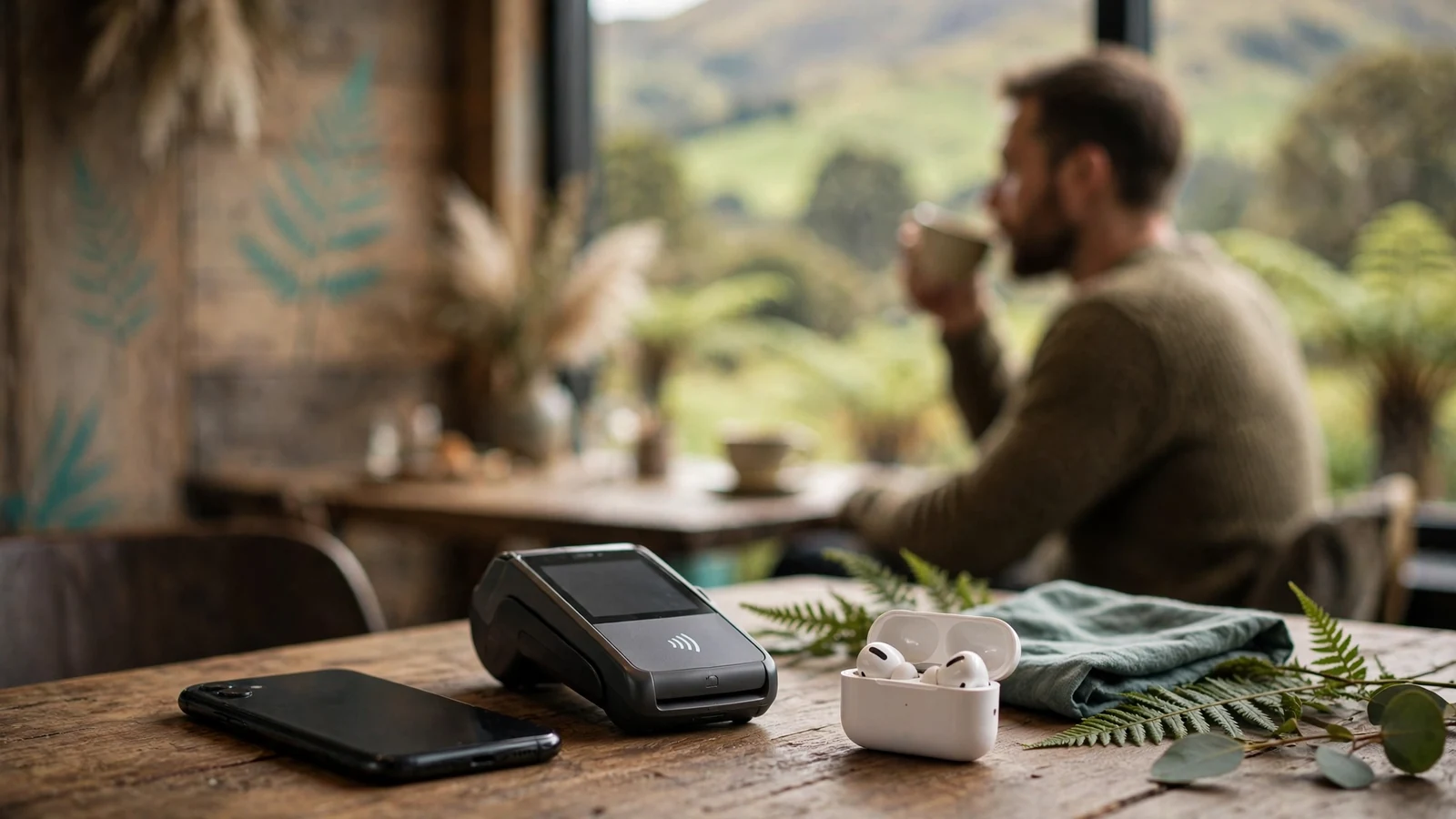 Smartphone and payment terminal on a New Zealand café table with green hills behind