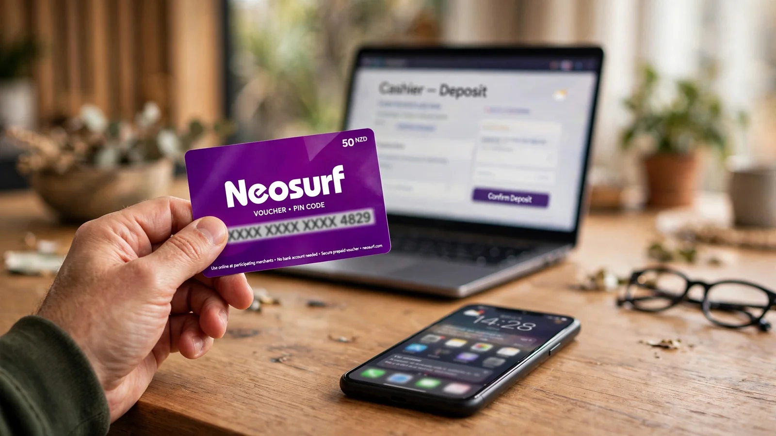 Hand holding a purple Neosurf voucher next to a smartphone on a desk