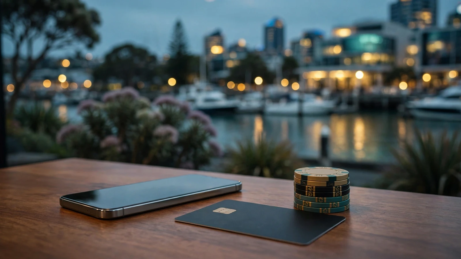 Smartphone, payment card, and casino chips on a table with a New Zealand city skyline at dusk.