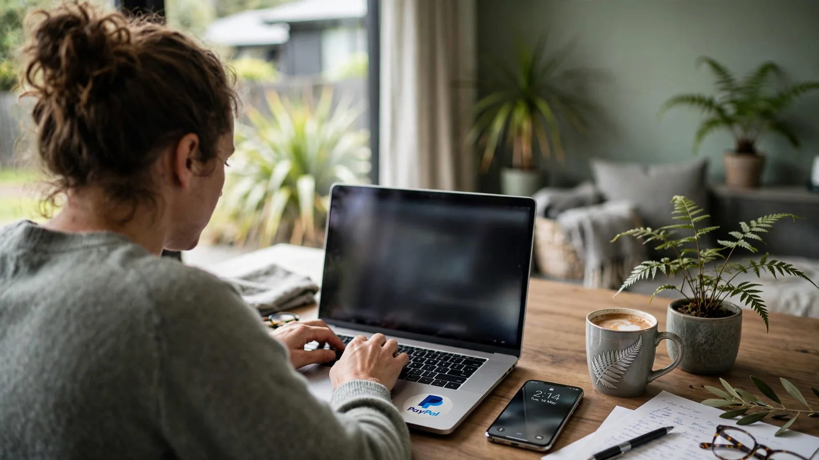 Person at a laptop with PayPal sticker in a modern New Zealand home