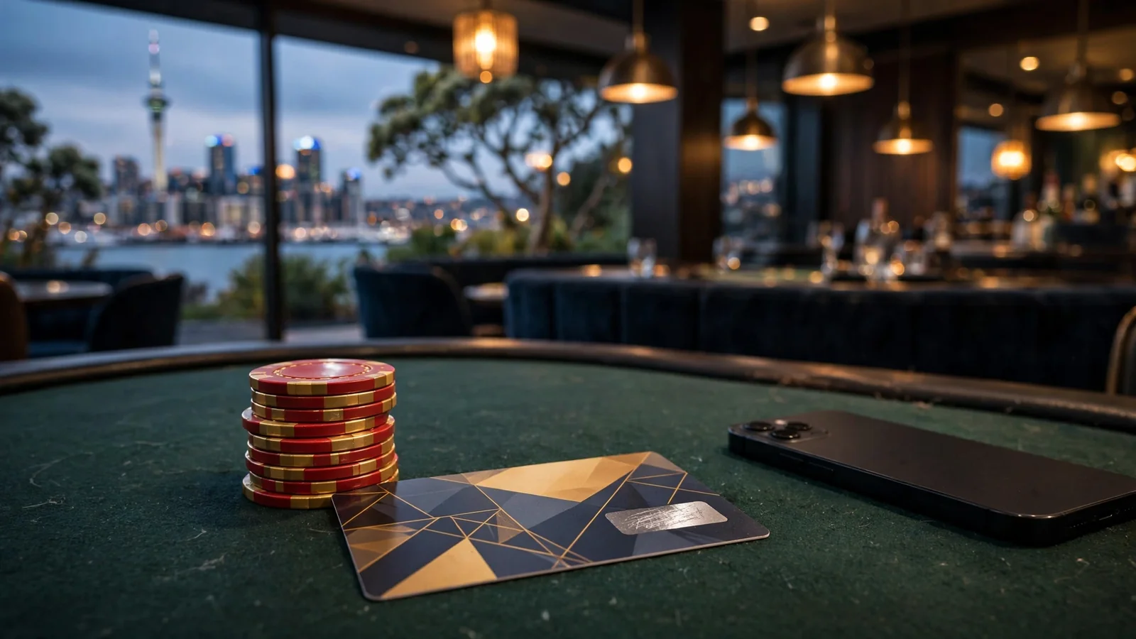 Casino chips and an anonymous prepaid voucher on a felt table with Auckland harbour view at dusk.
