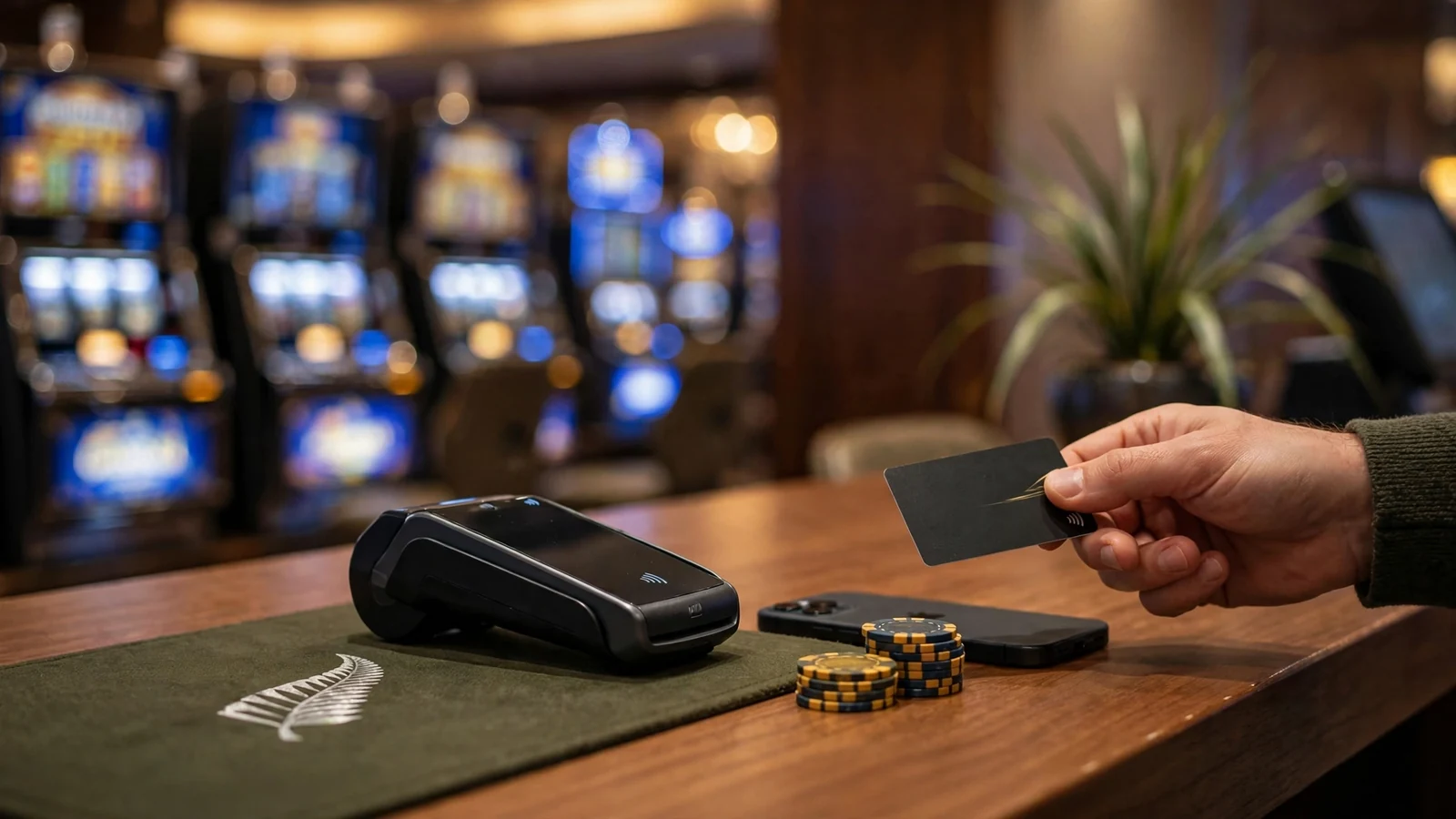 Casino cashier counter with chips and card terminal in New Zealand
