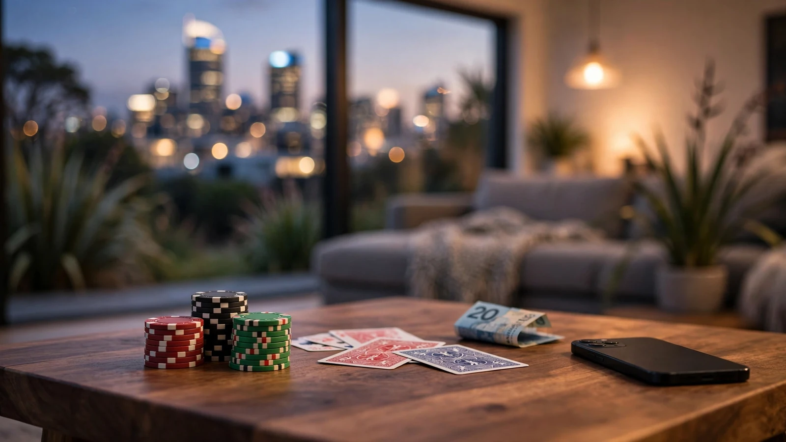 Casino chips, cards and a smartphone on a table with Auckland skyline at dusk