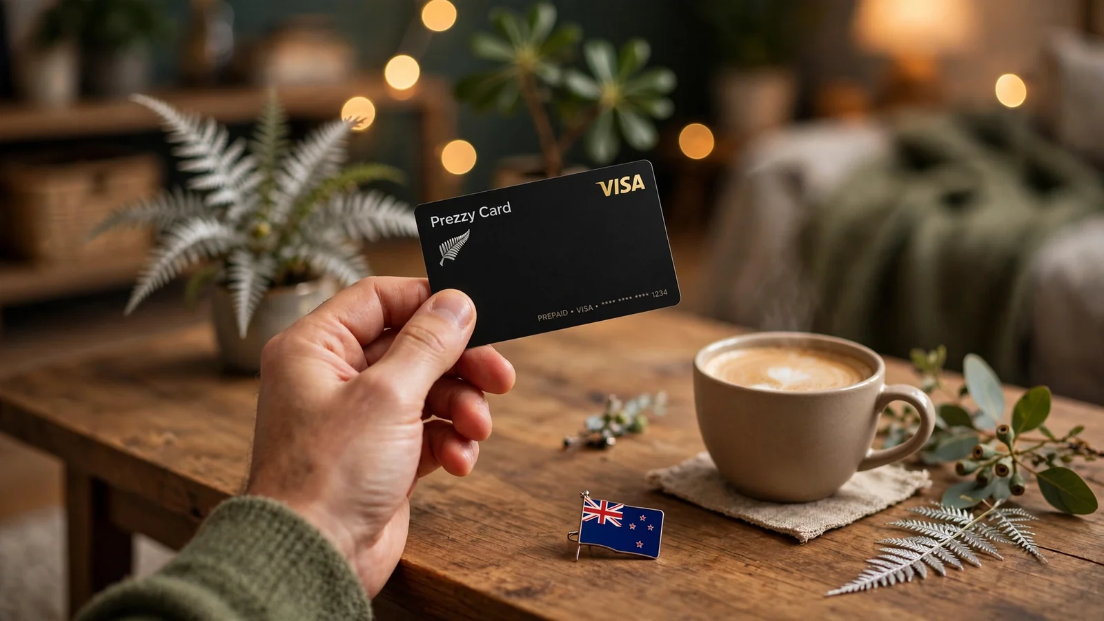 Hands holding a Prezzy Card on a coffee table with a New Zealand flag pin and flat white.