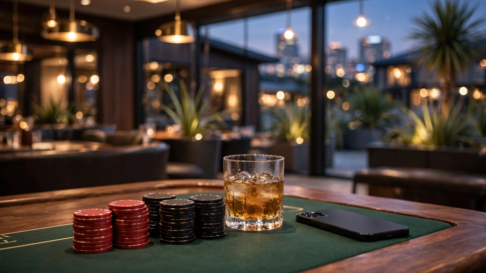 Casino table with poker chips and face-down smartphone in New Zealand venue