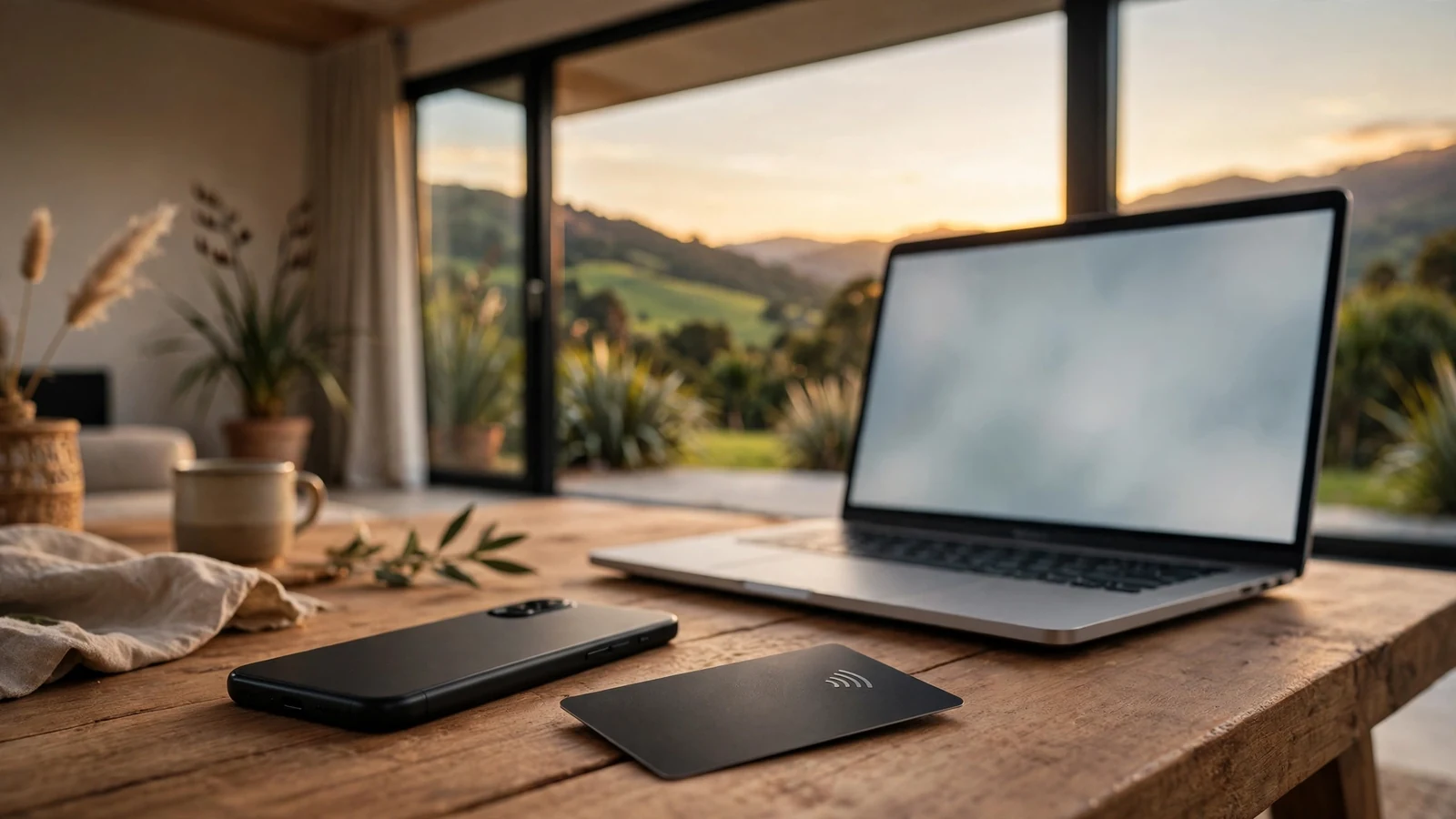 Smartphone and laptop on a table with a payment card, New Zealand landscape in the background