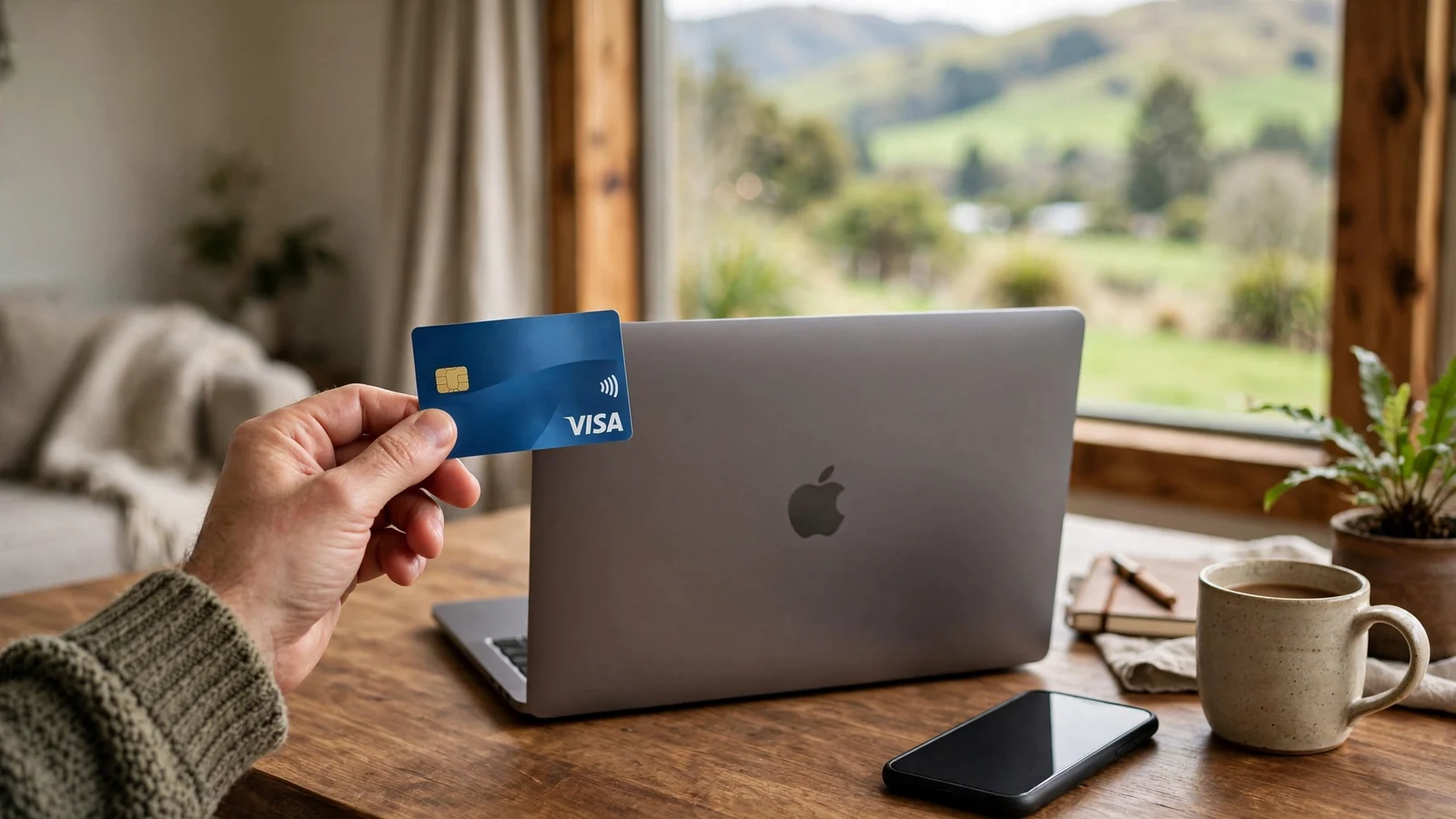 Hand holding Visa card near a laptop on a desk in a New Zealand home interior